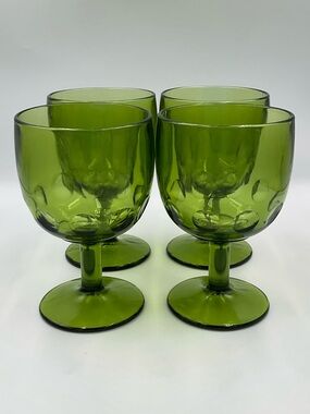 Vintage Bartlett Collins Green Thumbprint Glass Goblet Set of 4